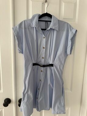 Light Blue Button-Front Shirt Dress with Belt